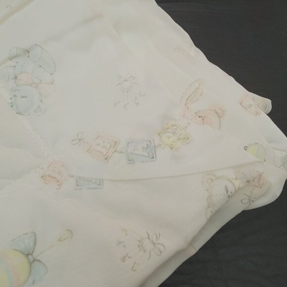 Dacron Quilted Baby Blanket Satin Trim Bunny Pastel Blocks Teddy Bear Rattle Vtg - Picture 11 of 16